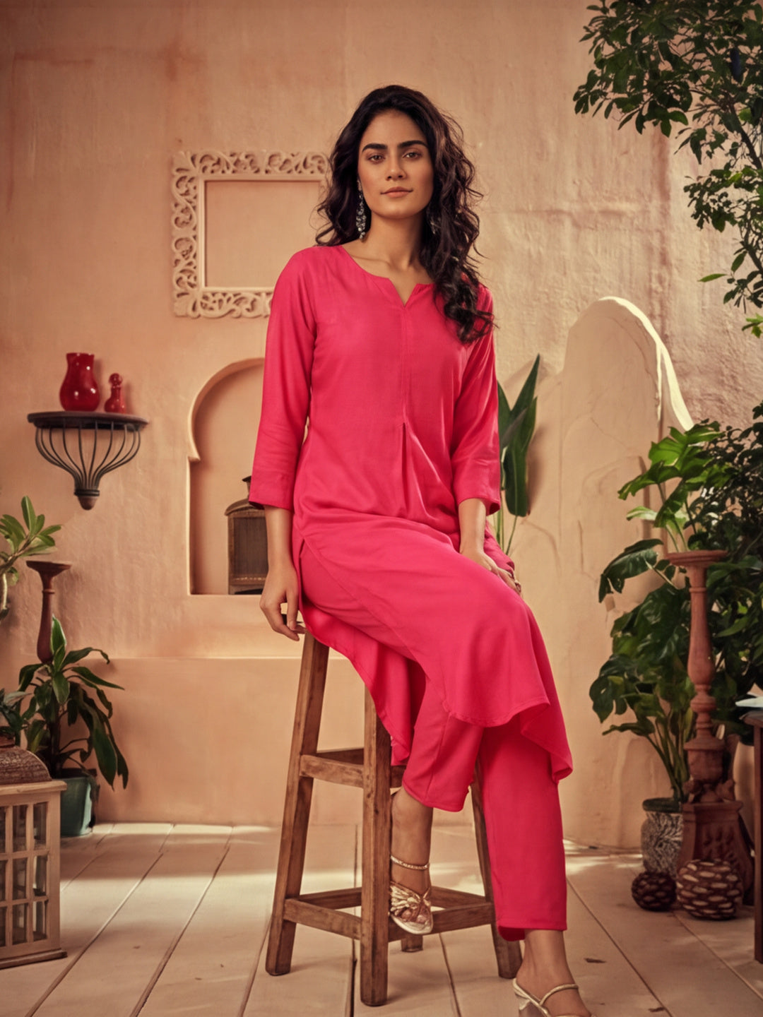 Fuchsia Pleated Straight Kurta With Pants