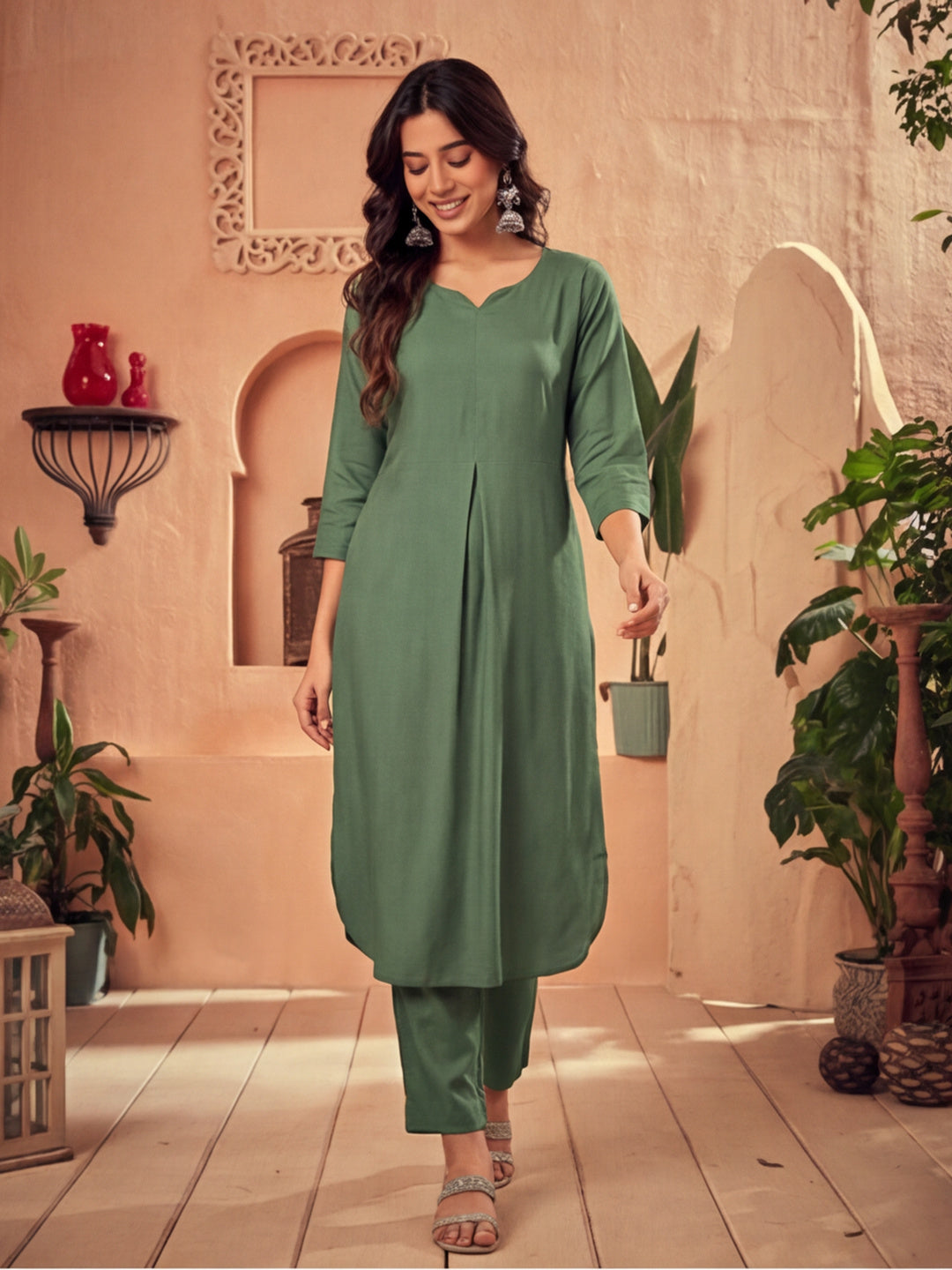 Olive Green Pleated Straight Kurta With Pants
