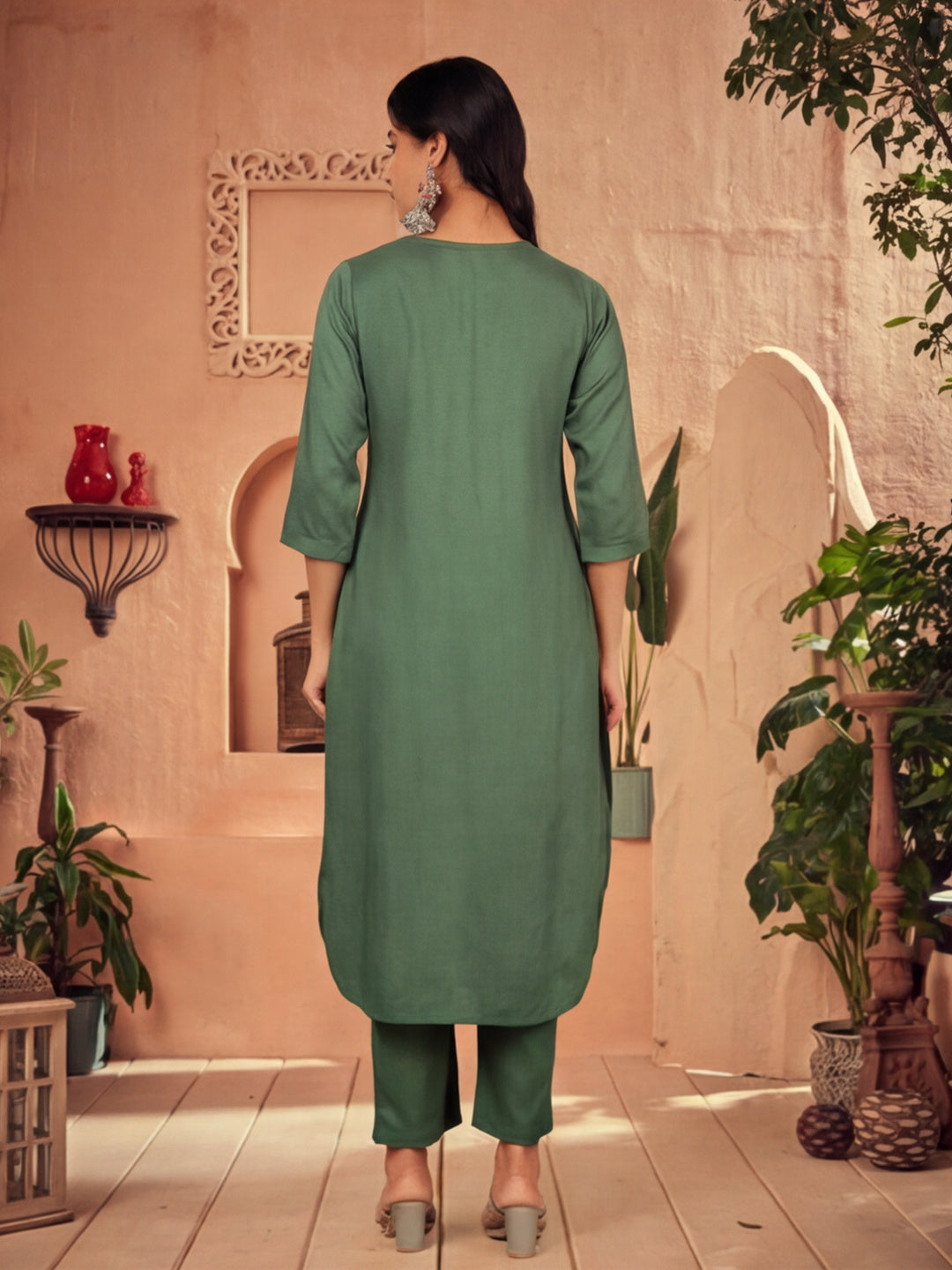 Olive Green Pleated Straight Kurta With Pants