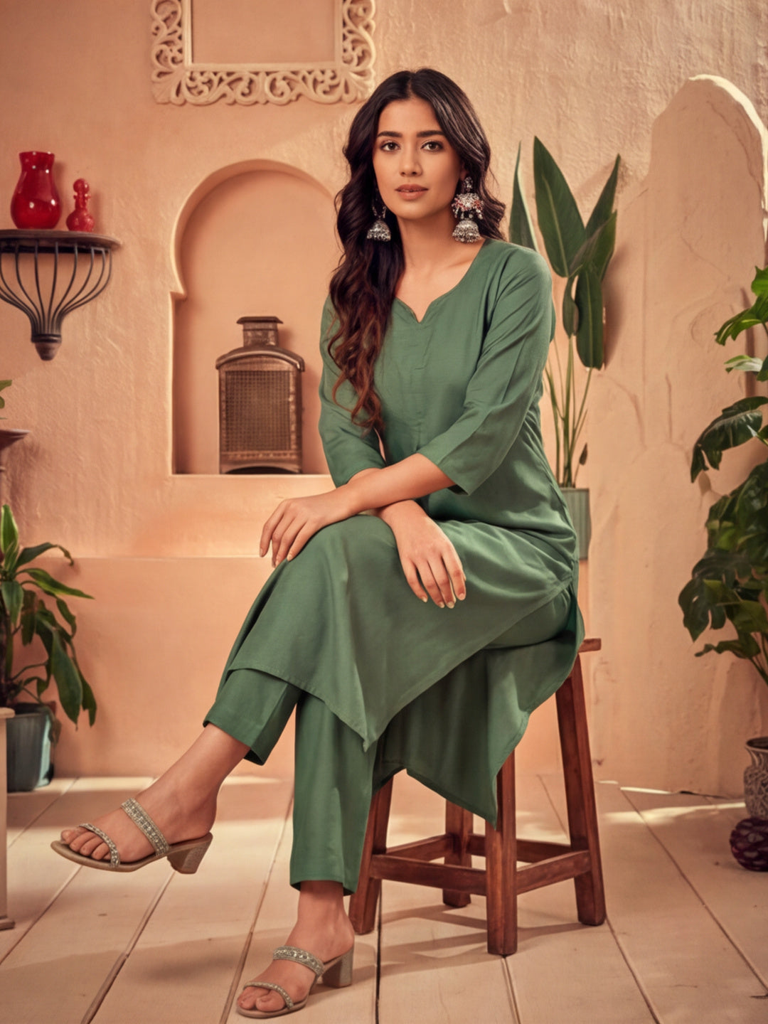 Olive Green Pleated Straight Kurta With Pants