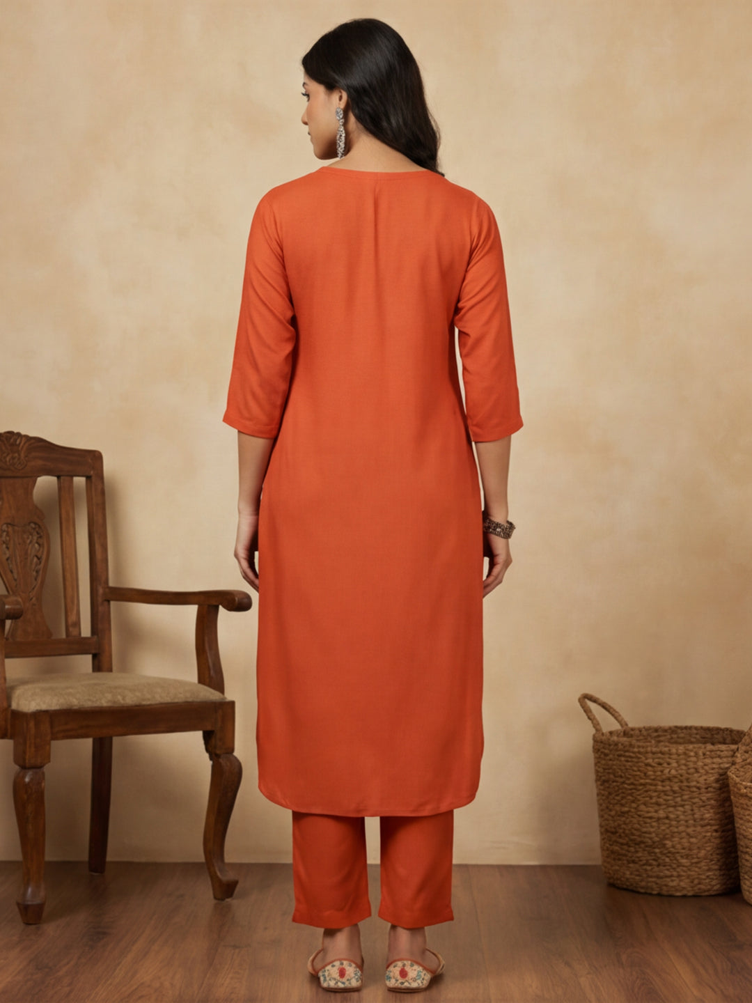 Rust Pleated Straight Kurta With Pants
