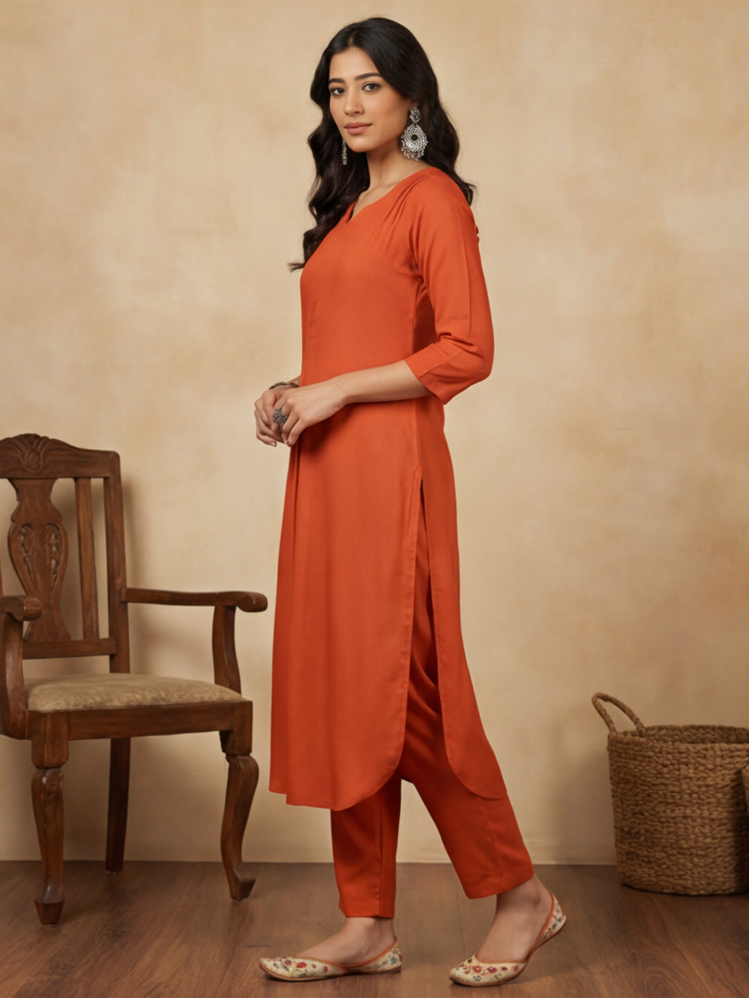 Rust Pleated Straight Kurta With Pants