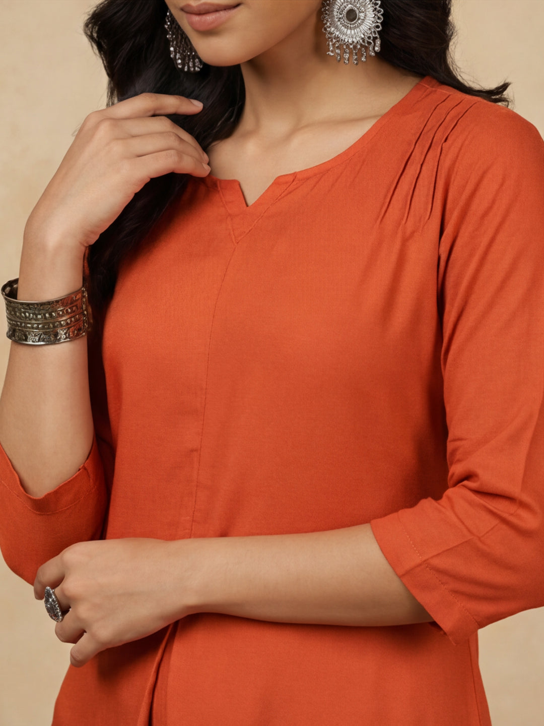 Rust Pleated Straight Kurta With Pants