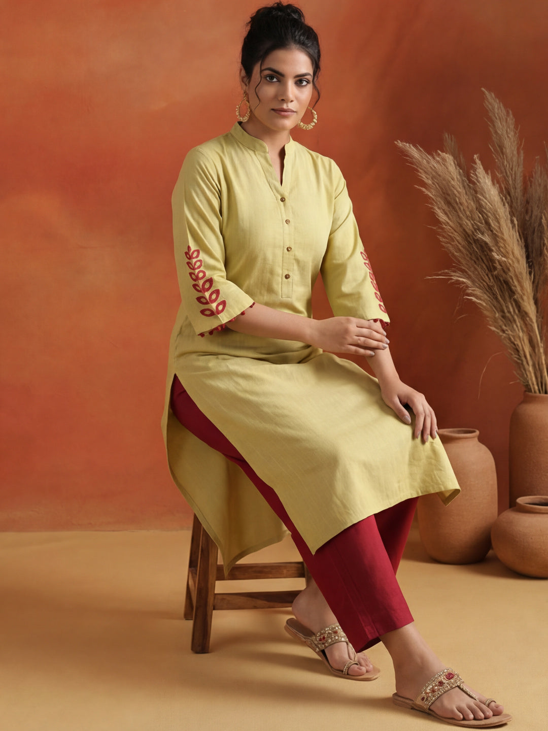 Chanderi Kantha Embroidered Straight Kurta
