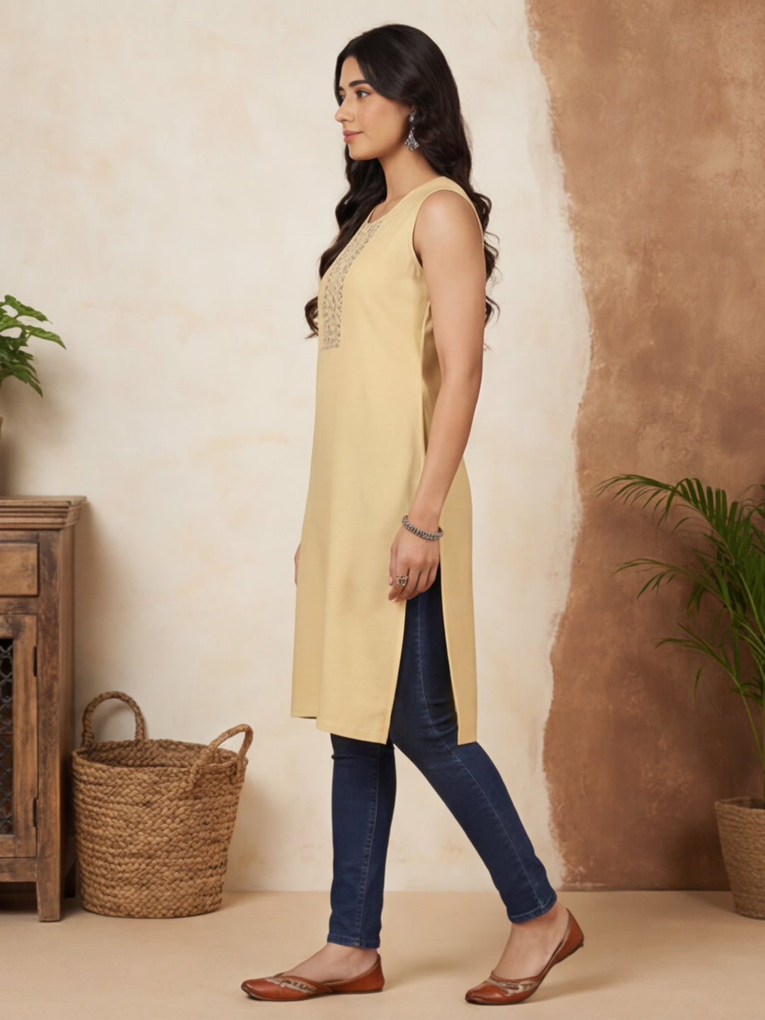 Beige Embroidered Sleeveless Kurta