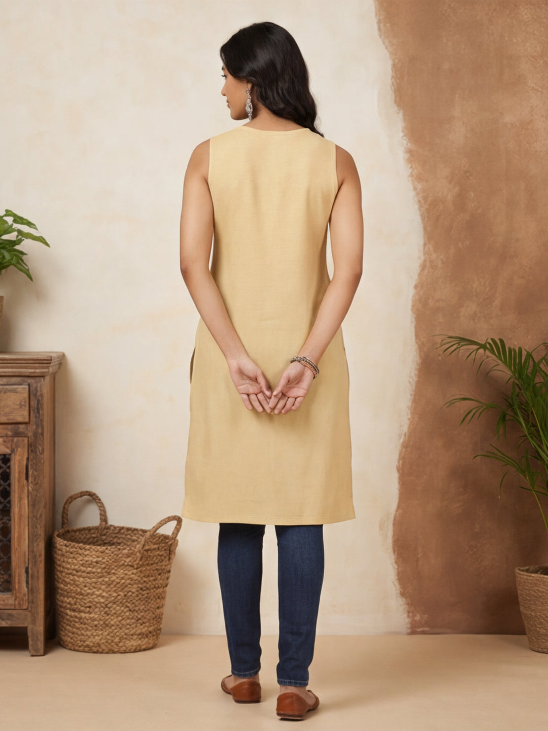 Beige Embroidered Sleeveless Kurta