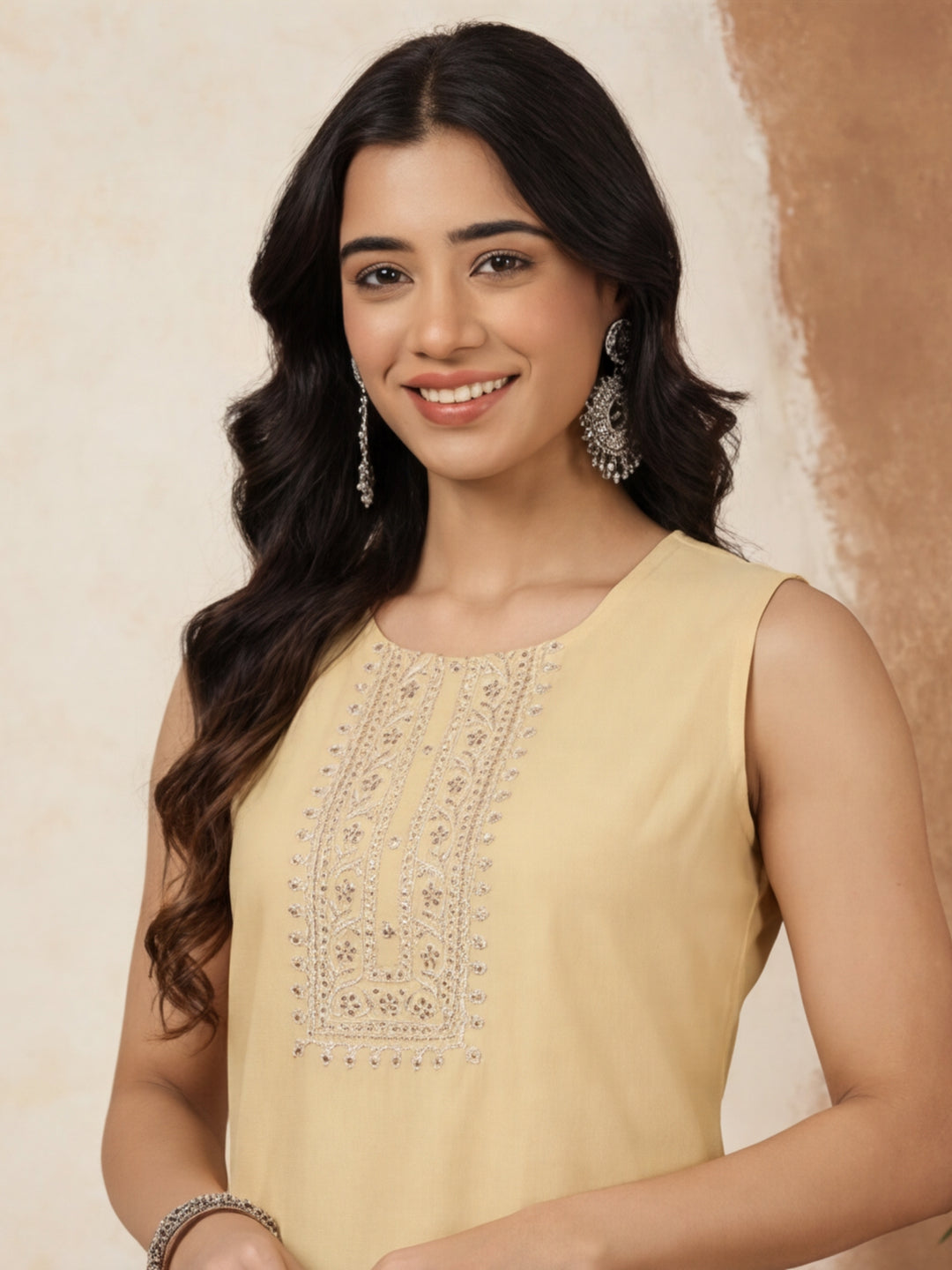 Beige Embroidered Sleeveless Kurta