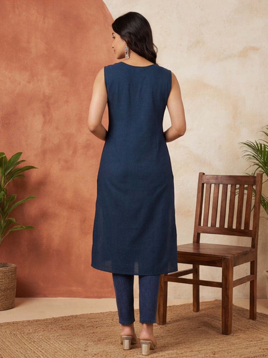 Teal Embroidered Sleeveless Kurta