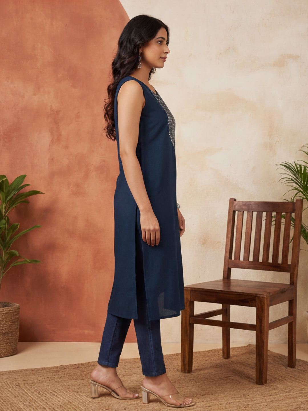 Teal Embroidered Sleeveless Kurta