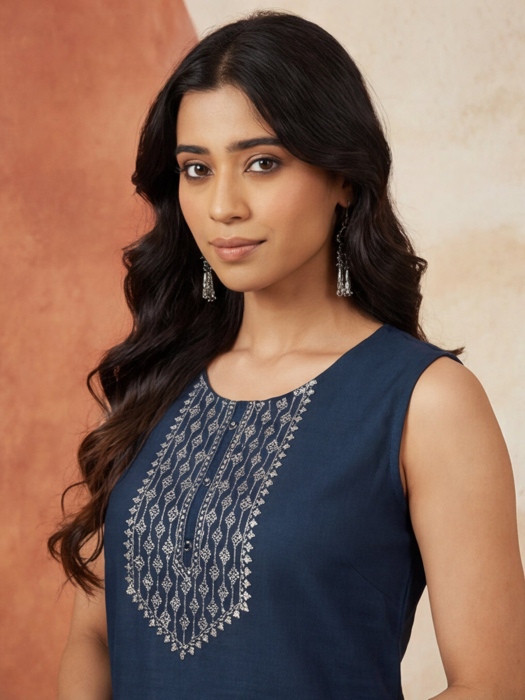 Teal Embroidered Sleeveless Kurta