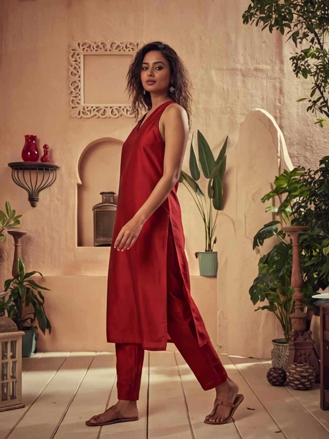 Solid Printed Straight Chanderi Silk Kurta & Trousers Sets