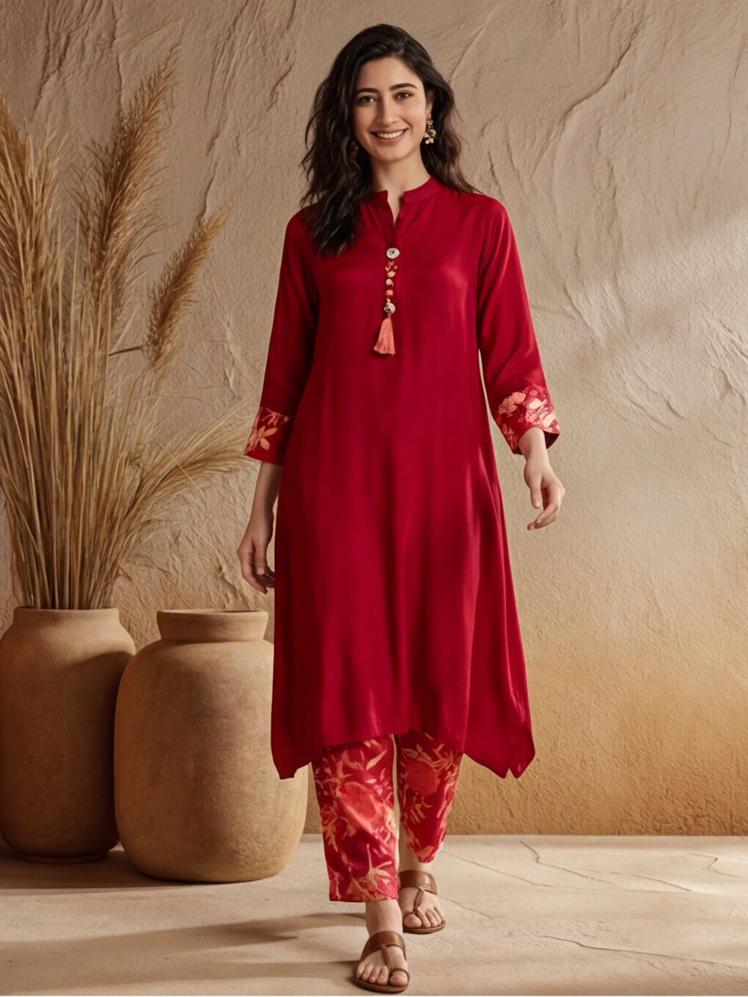 Floral Solid A-Line Kurta & Trousers Sets