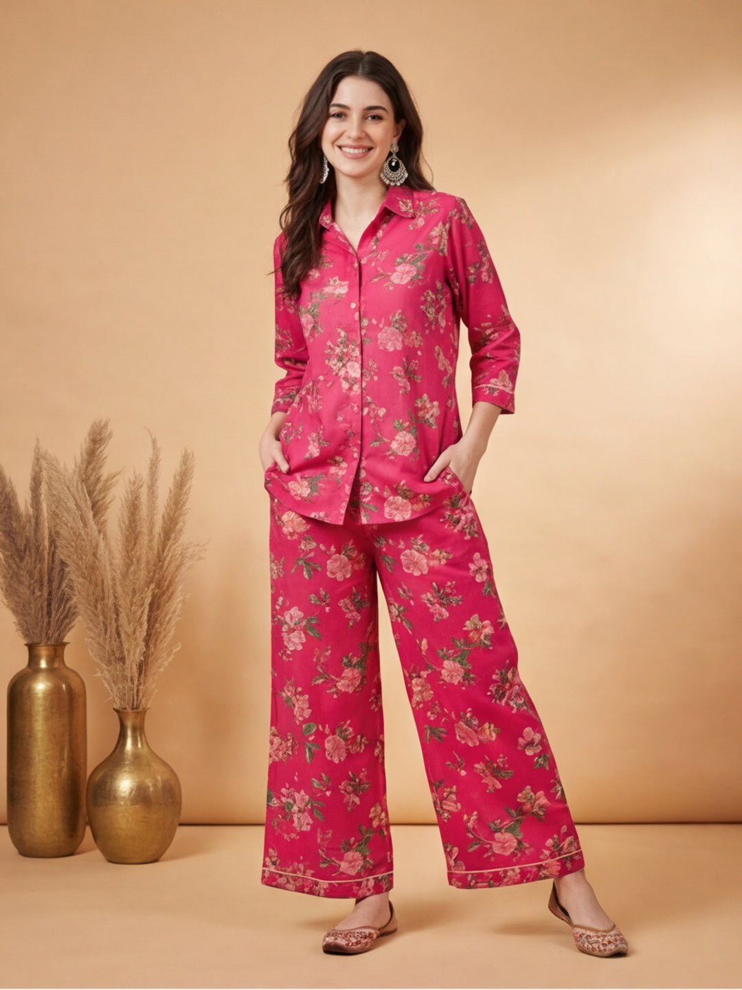 Pink Tropical Floral Printed Shirt With Pants Co-ord Set