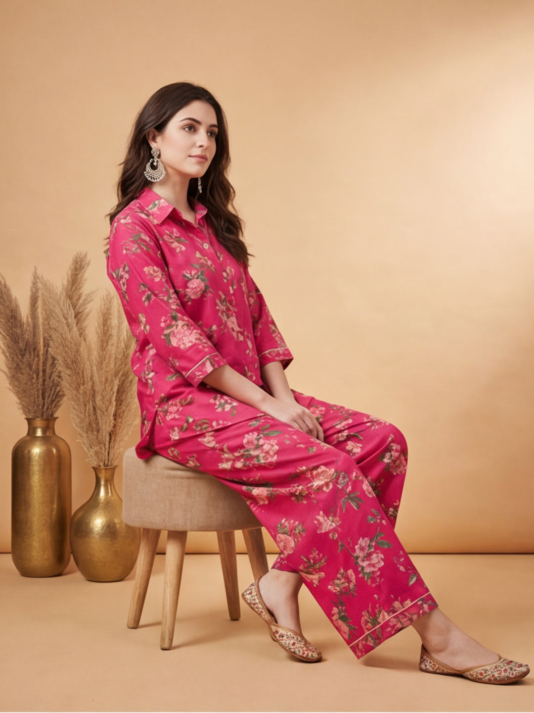 Pink Tropical Floral Printed Shirt With Pants Co-ord Set