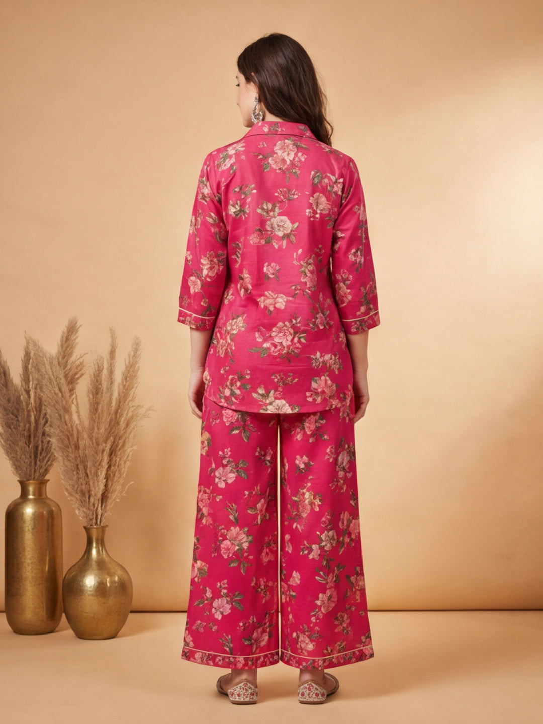 Pink Tropical Floral Printed Shirt With Pants Co-ord Set