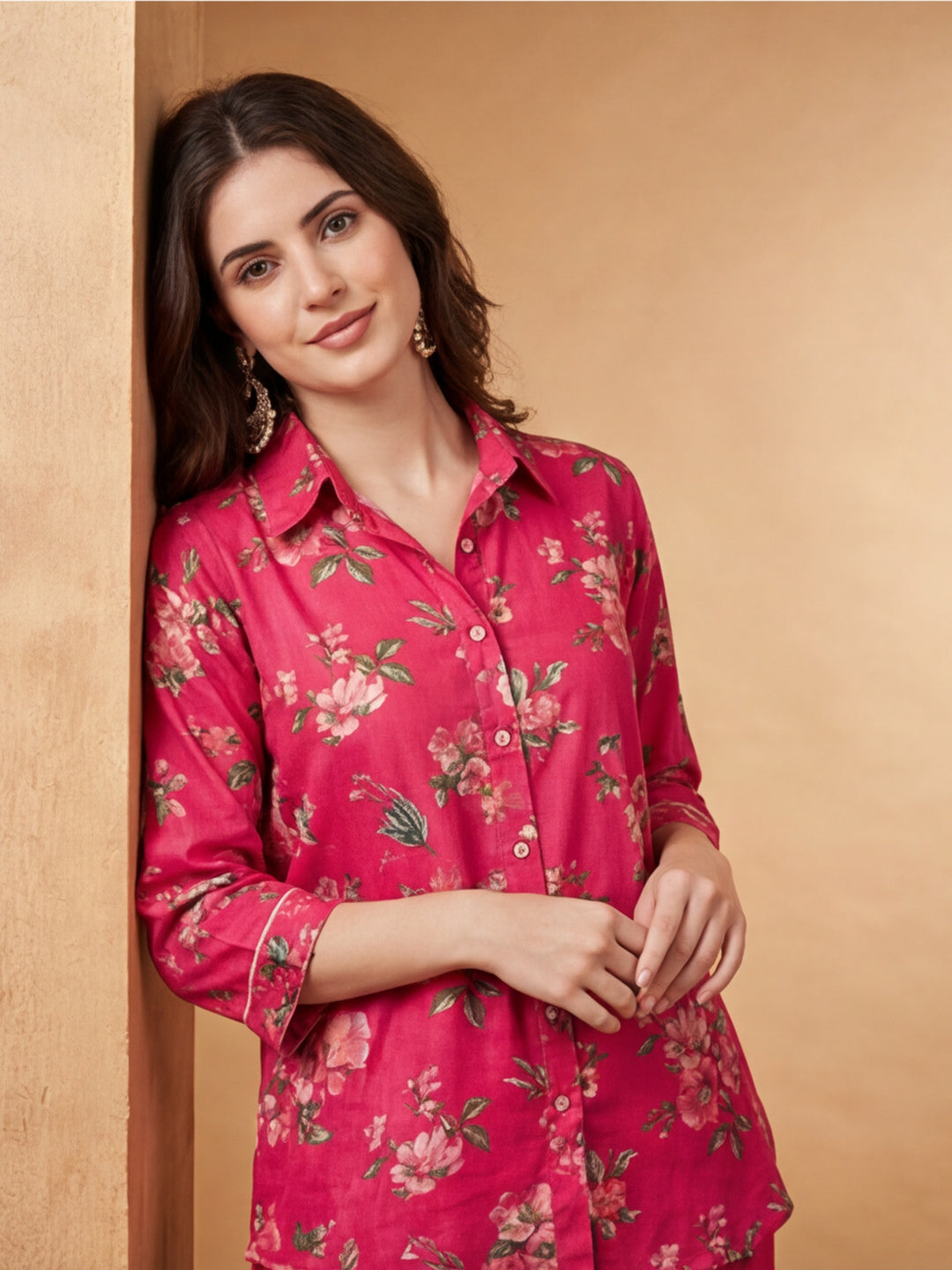 Pink Tropical Floral Printed Shirt With Pants Co-ord Set