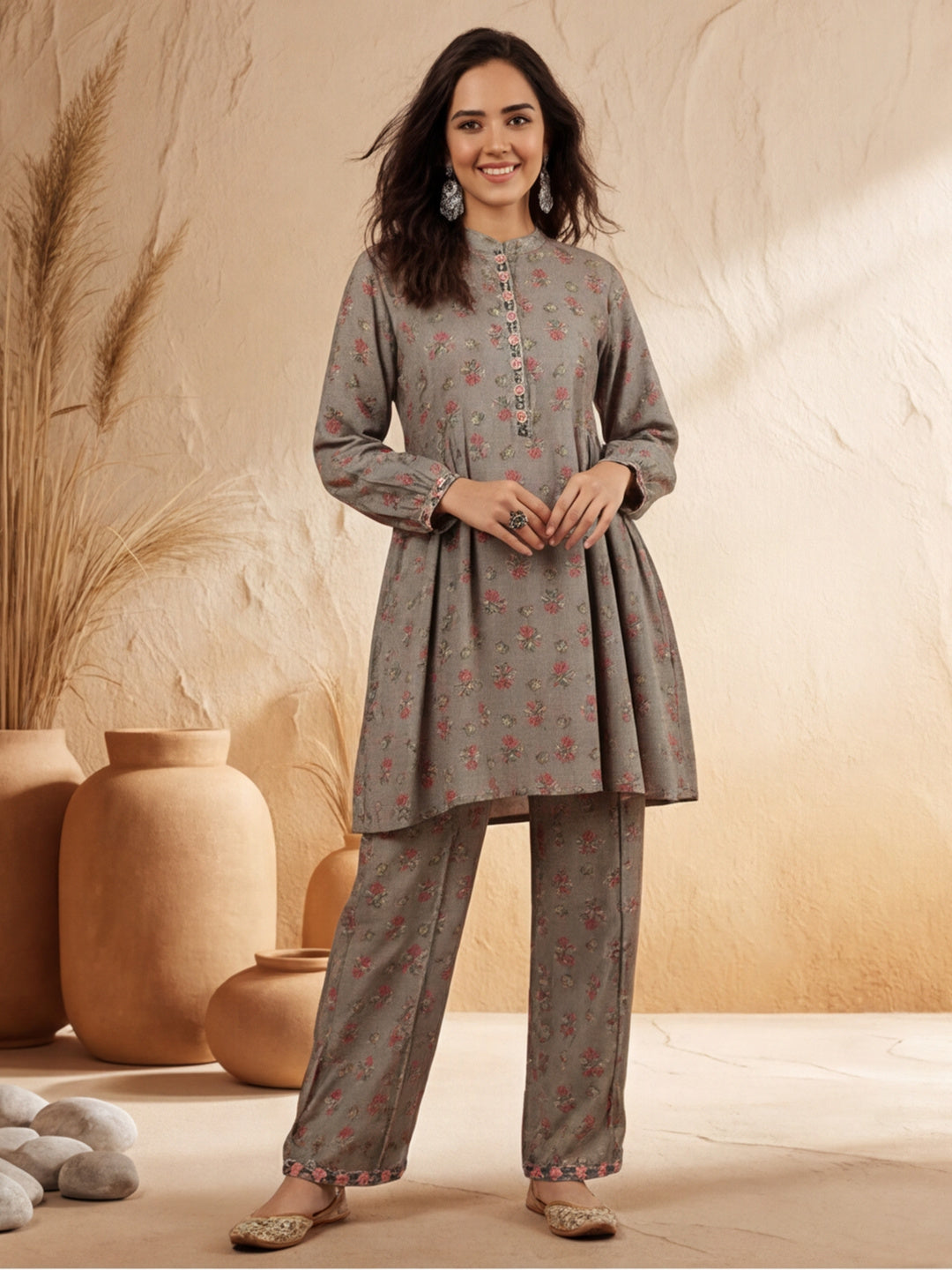 Grey Ethnic Printed Gathered Kurta With Palazzo Co-ord Set
