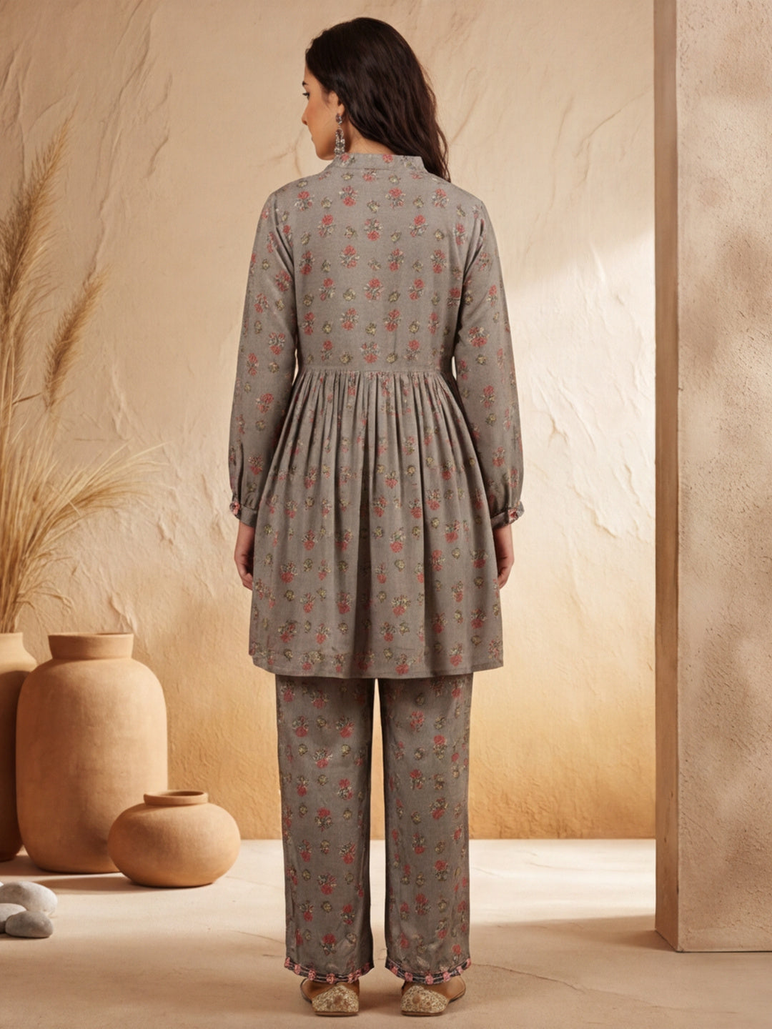 Grey Ethnic Printed Gathered Kurta With Palazzo Co-ord Set