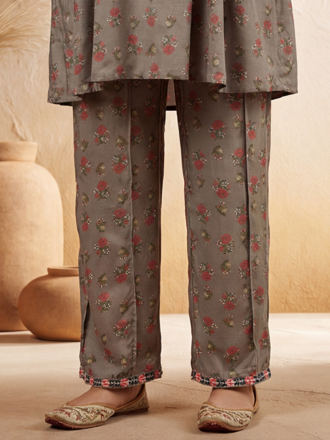 Grey Ethnic Printed Gathered Kurta With Palazzo Co-ord Set