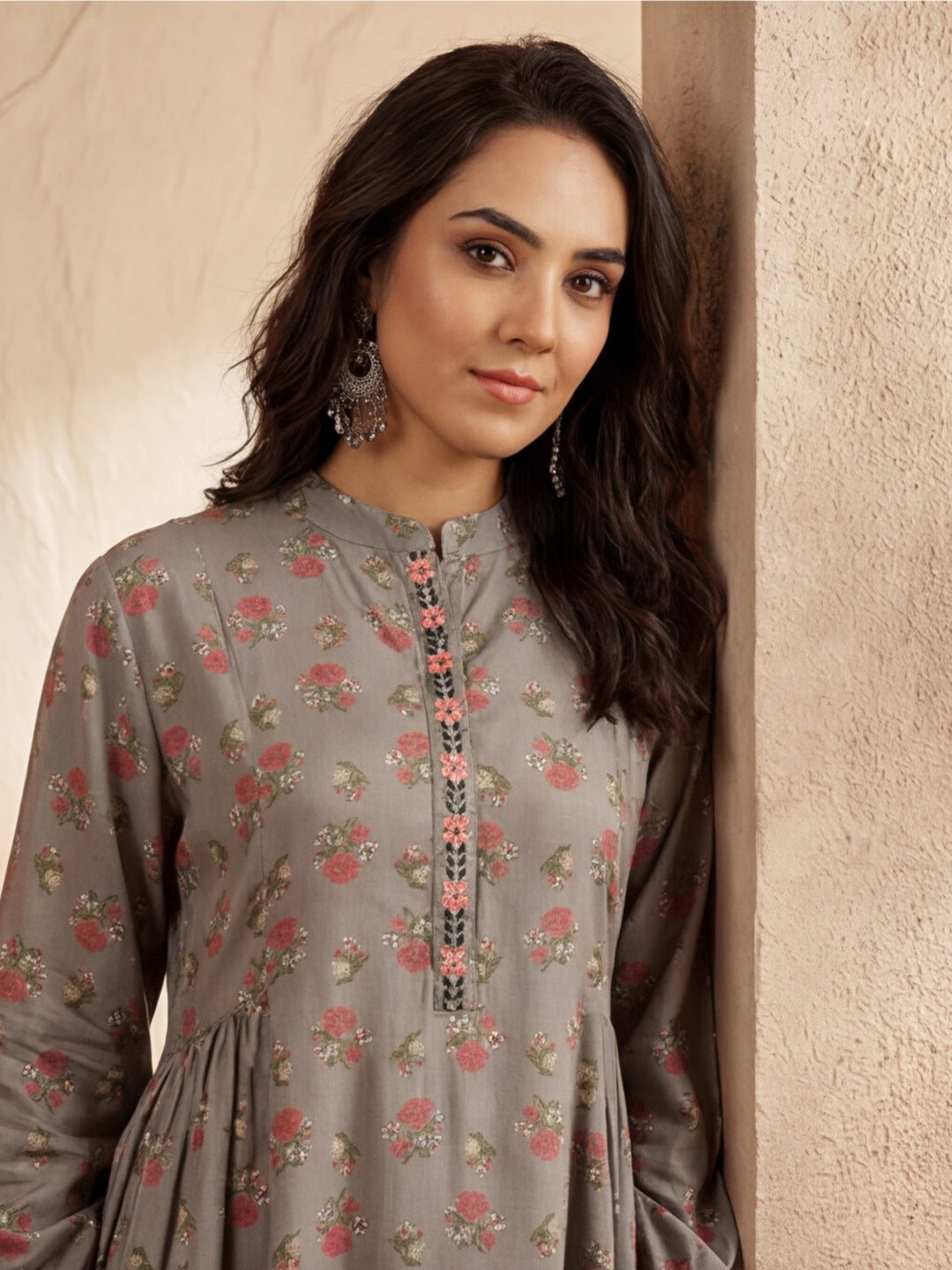 Grey Ethnic Printed Gathered Kurta With Palazzo Co-ord Set