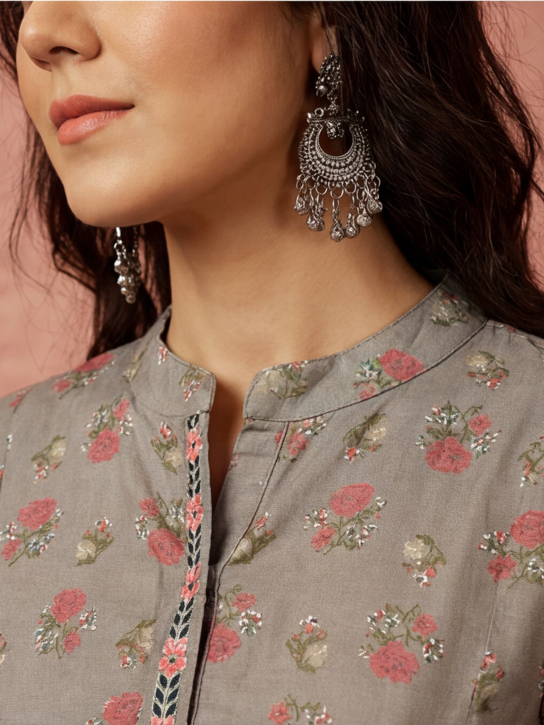 Grey Ethnic Printed Gathered Kurta With Palazzo Co-ord Set