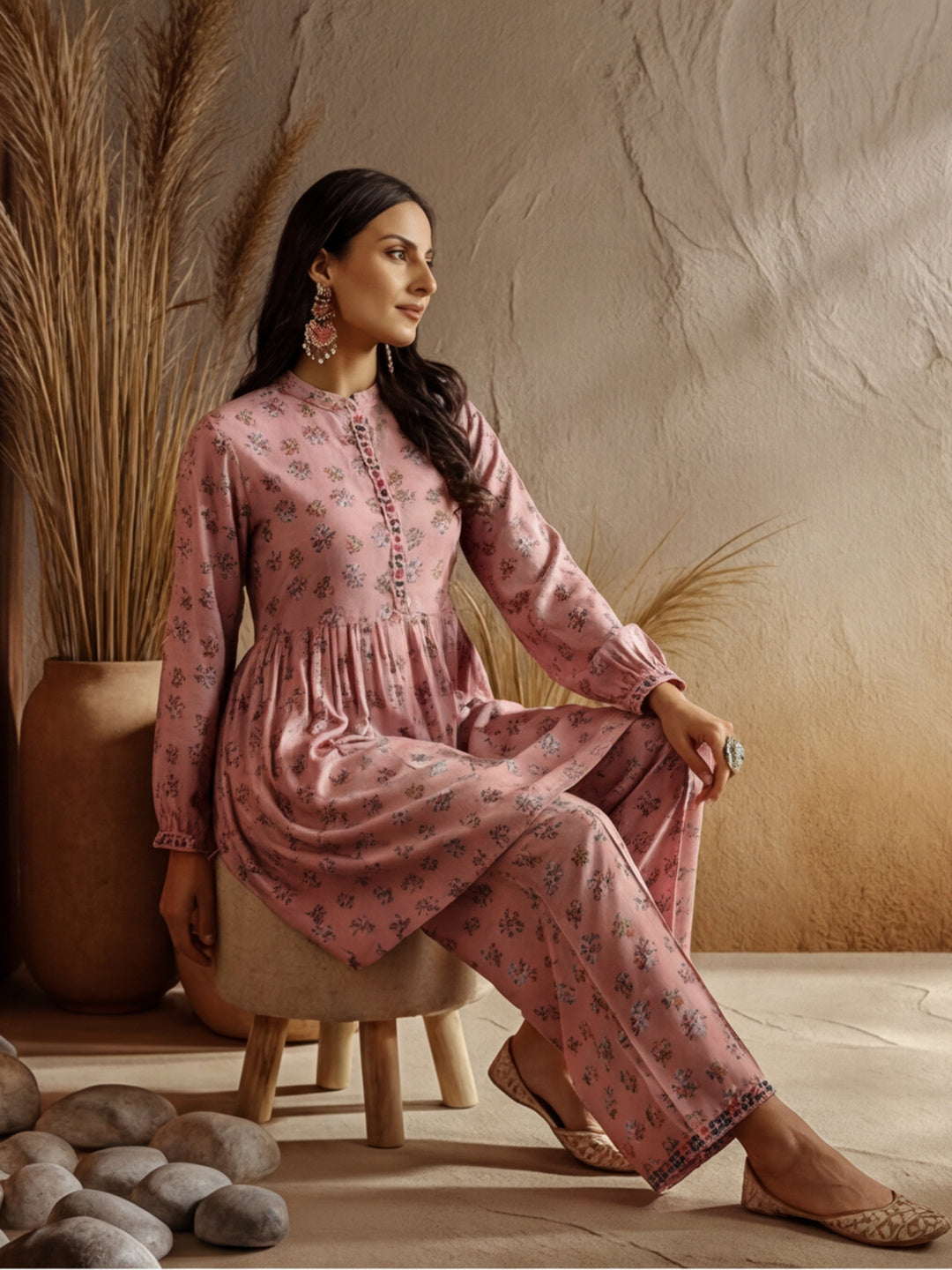 Rose Ethnic Printed Gathered Kurta With Palazzo Co-ord Set