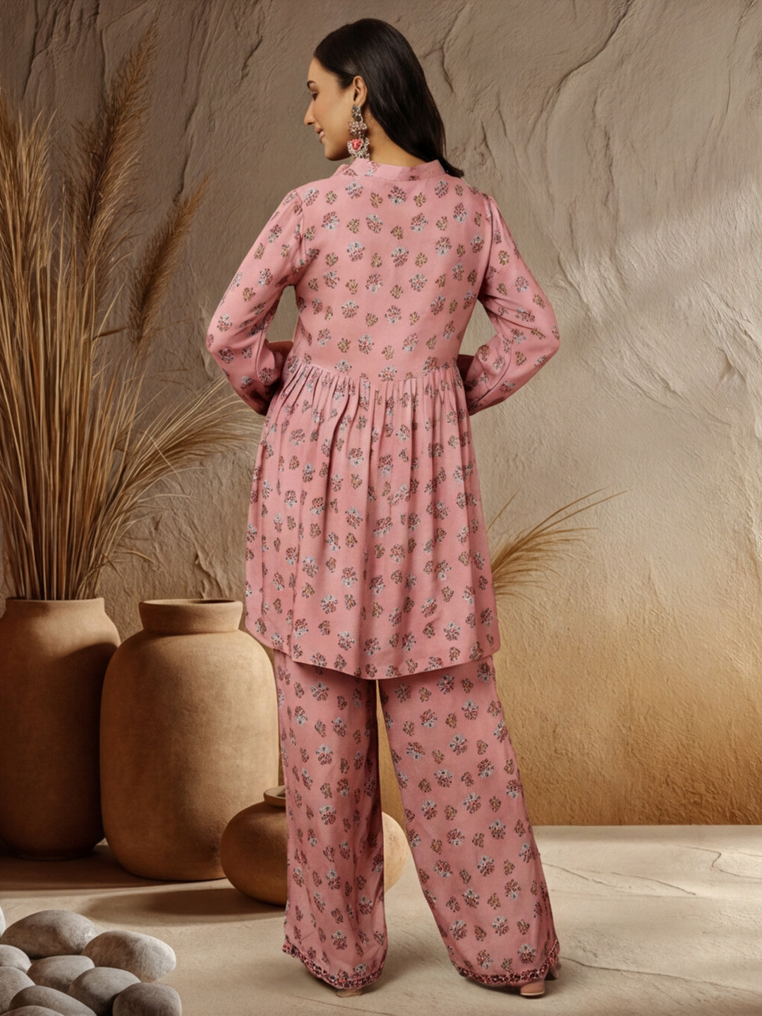 Rose Ethnic Printed Gathered Kurta With Palazzo Co-ord Set
