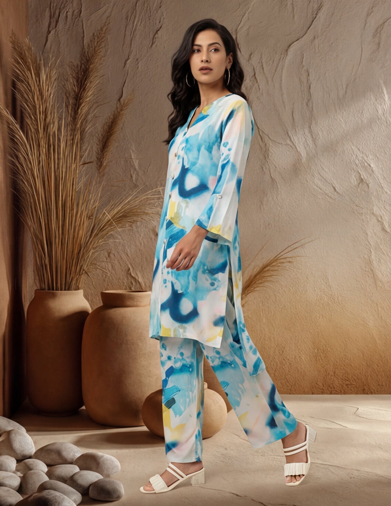 Blue Abstract Print Straight Kurta And Palazzo