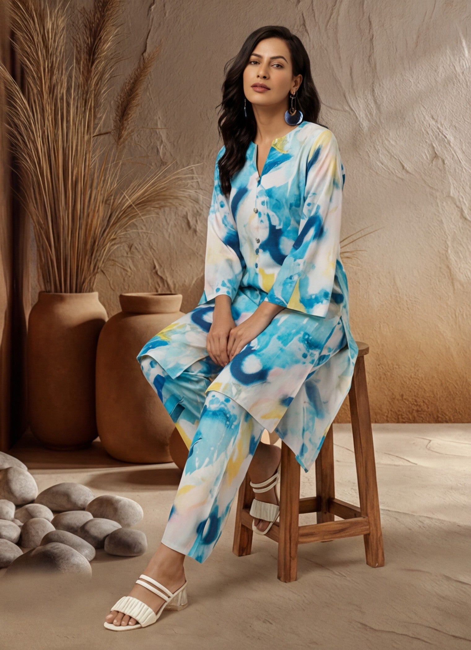 Blue Abstract Print Straight Kurta And Palazzo
