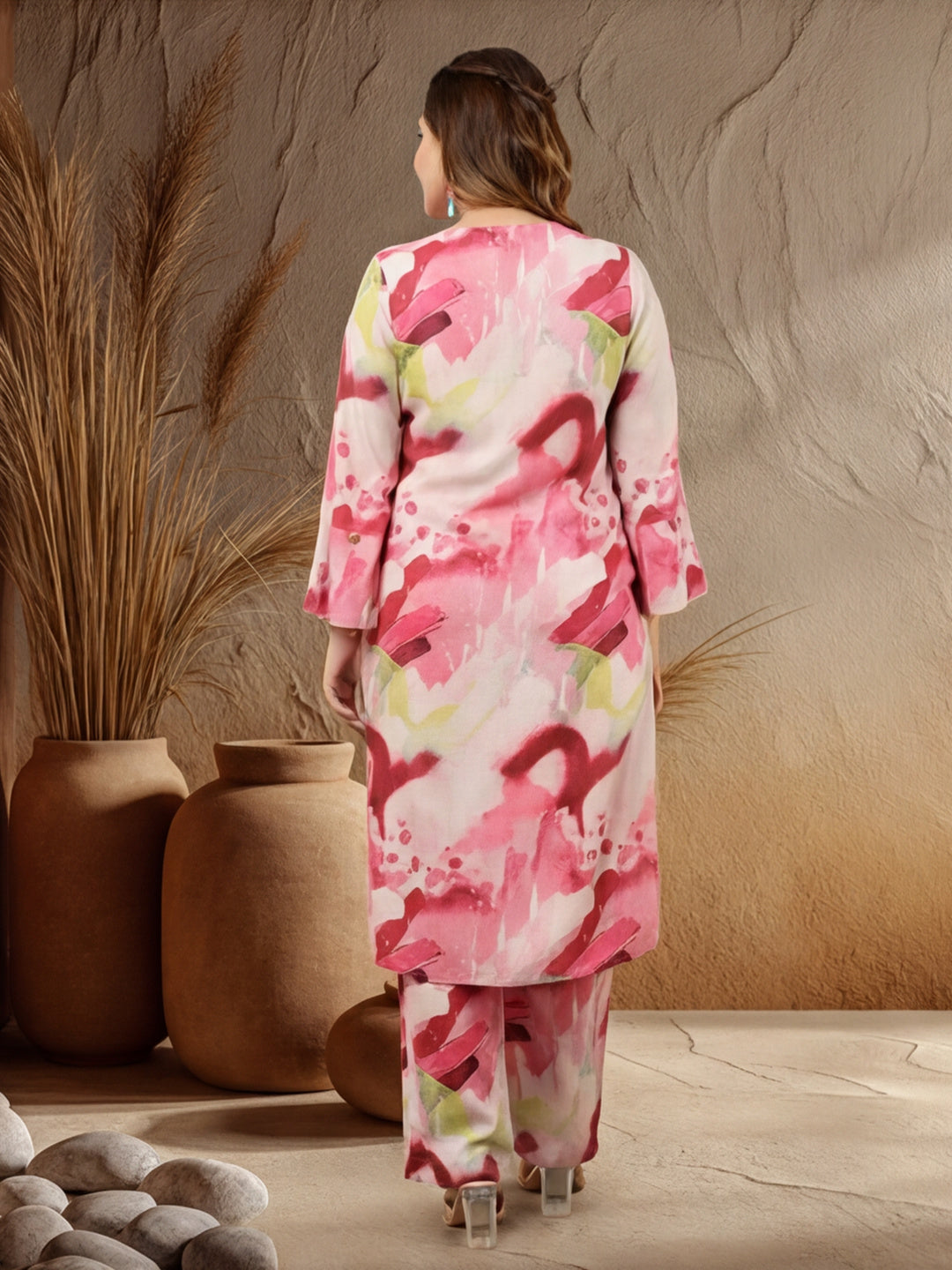 Pink Abstract Print Straight Kurta And Palazzo