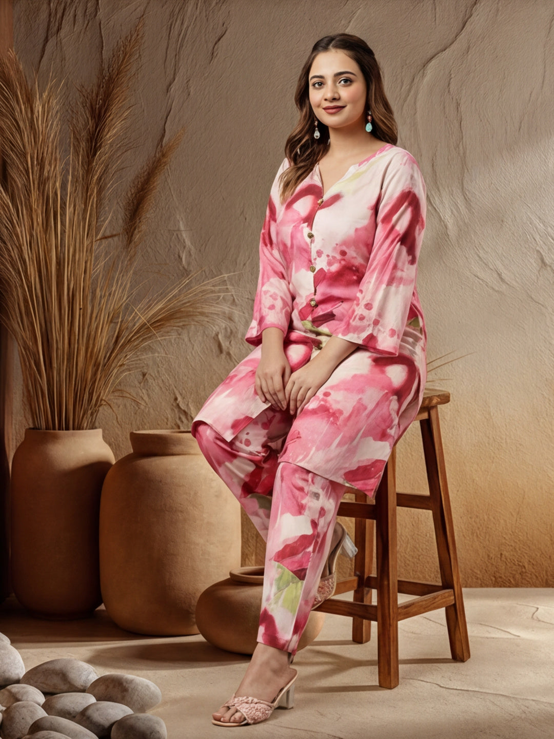 Pink Abstract Print Straight Kurta And Palazzo