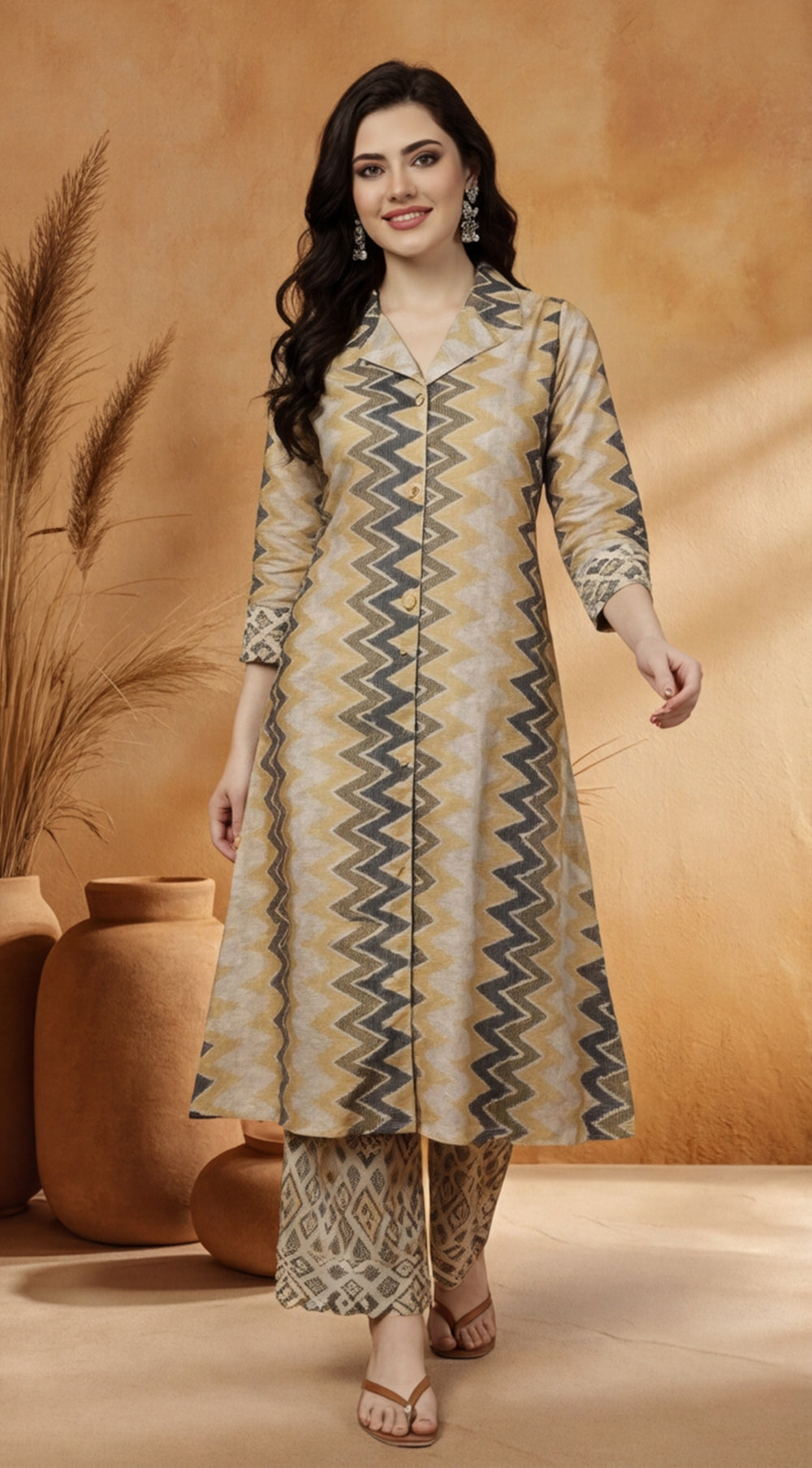 Green Geometric Printed A-line Kurta With Palazzo