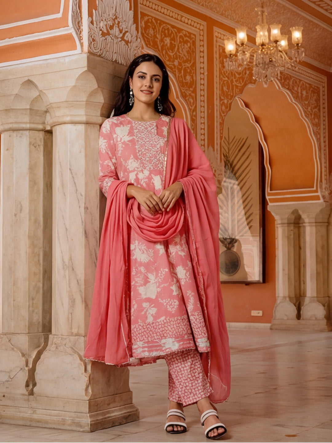 Peach Floral Print Flared Kurta With Pants And Dupatta
