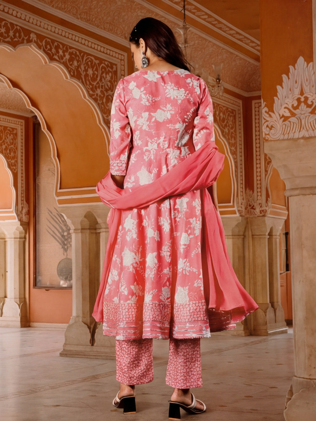Peach Floral Print Flared Kurta With Pants And Dupatta