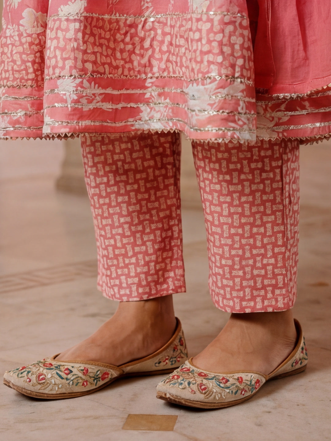 Peach Floral Print Flared Kurta With Pants And Dupatta