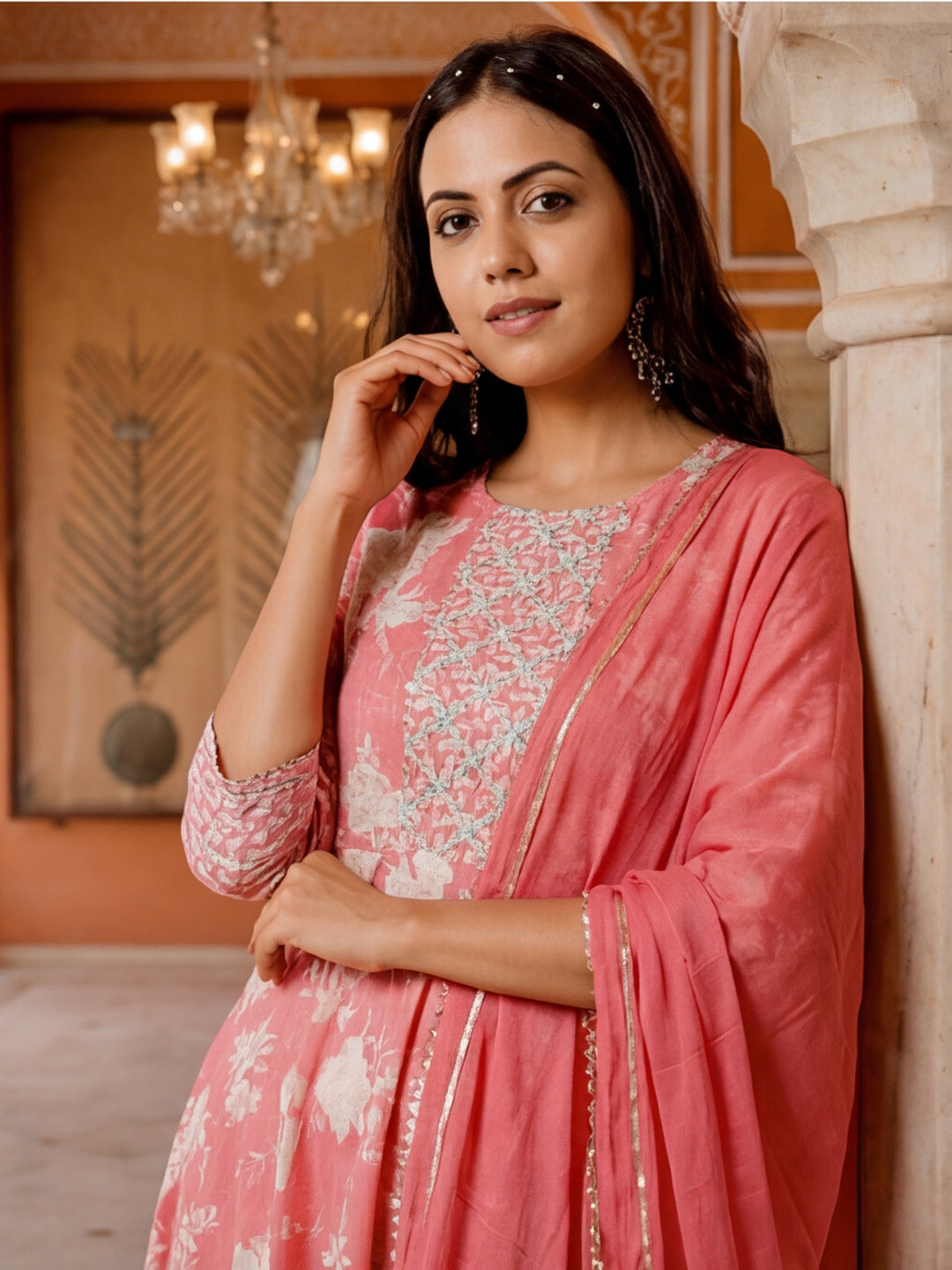 Peach Floral Print Flared Kurta With Pants And Dupatta
