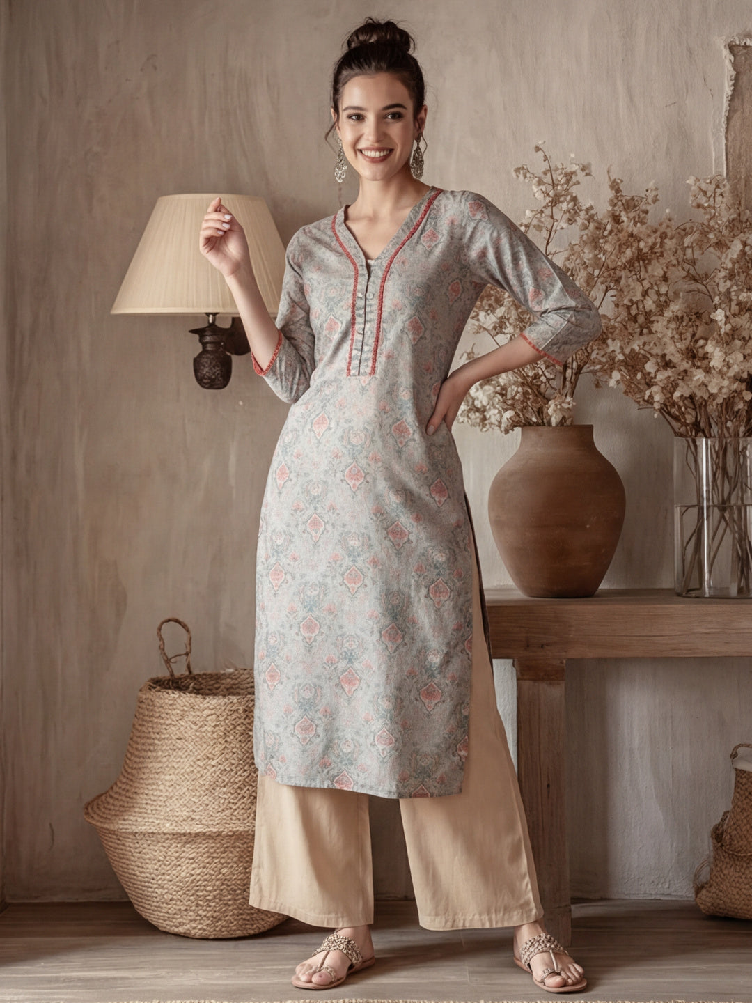 Ethnic Printed Grey Straight Kurta With Lace