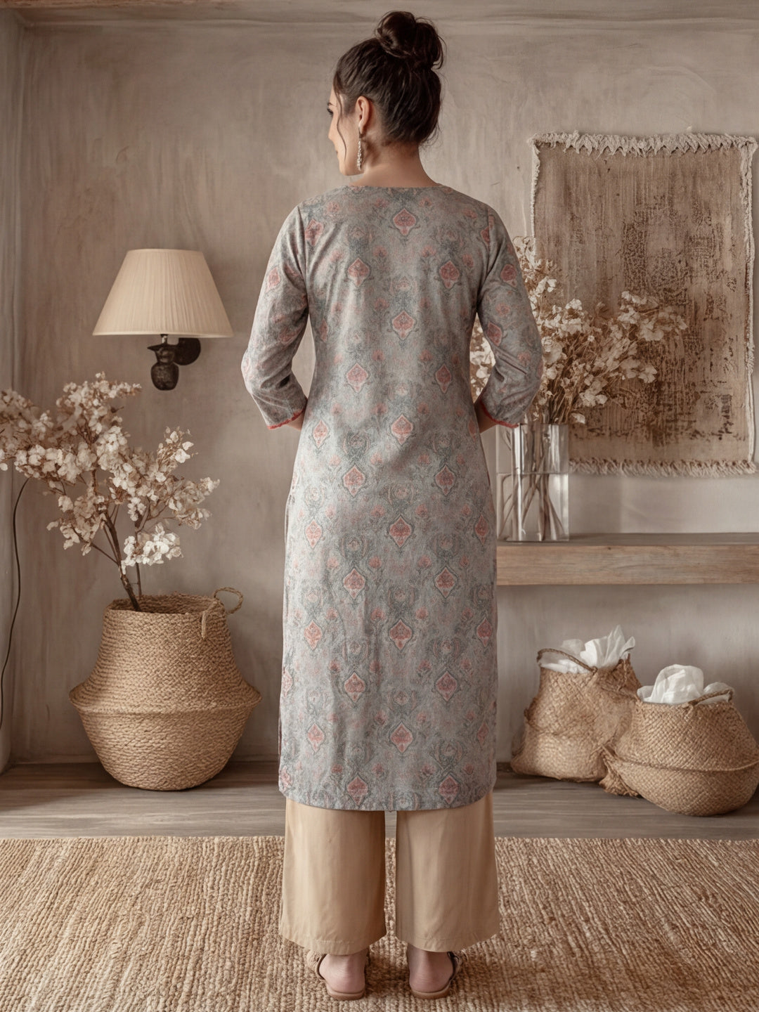 Ethnic Printed Grey Straight Kurta With Lace