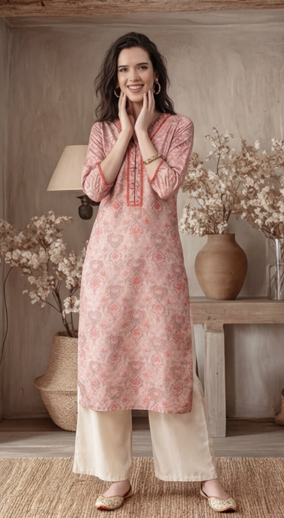 Ethnic Printed Peach Straight Kurta With Lace