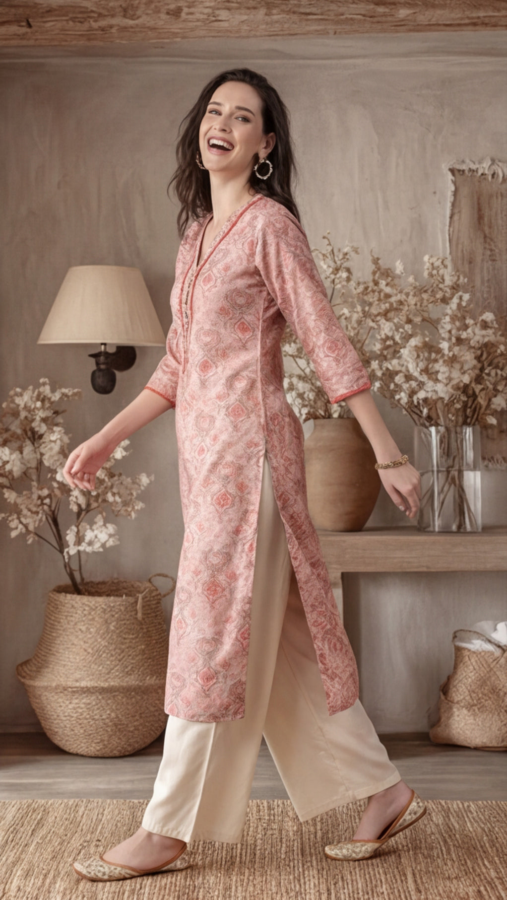 Ethnic Printed Peach Straight Kurta With Lace