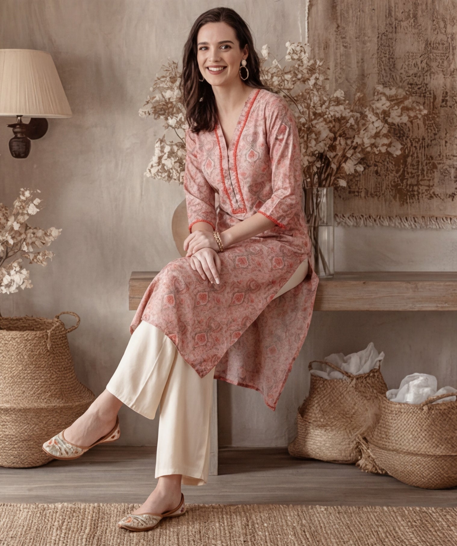 Ethnic Printed Peach Straight Kurta With Lace