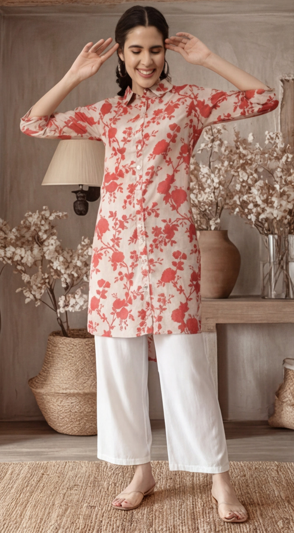 Floral Beige Collared Kurta