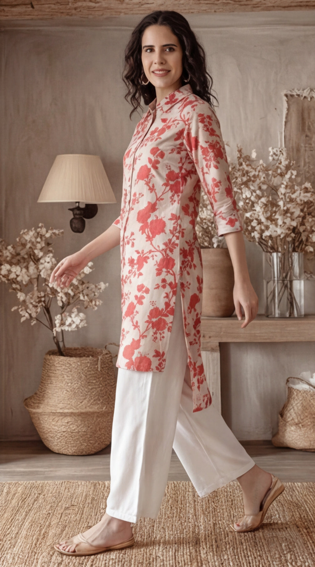Floral Beige Collared Kurta