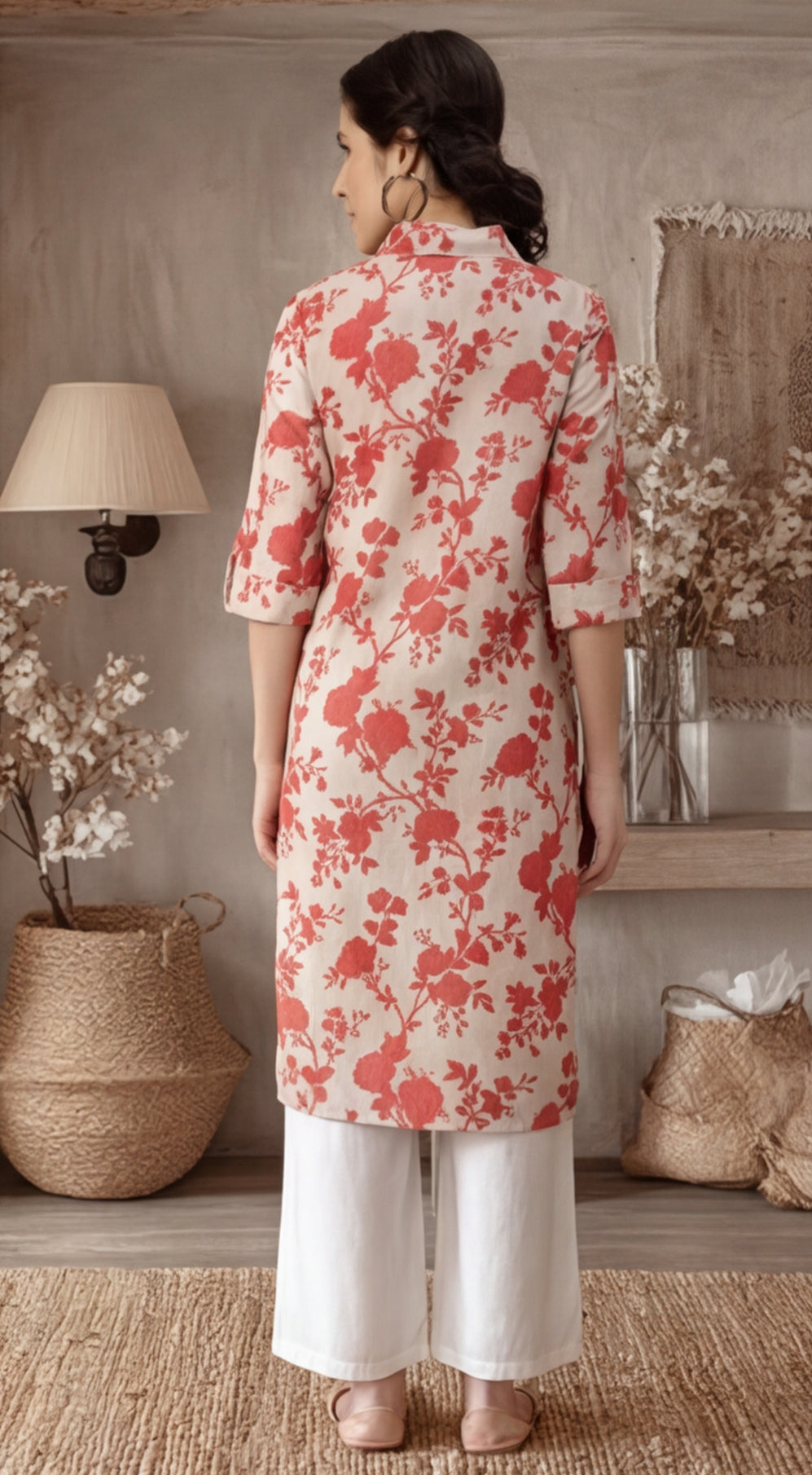 Floral Beige Collared Kurta