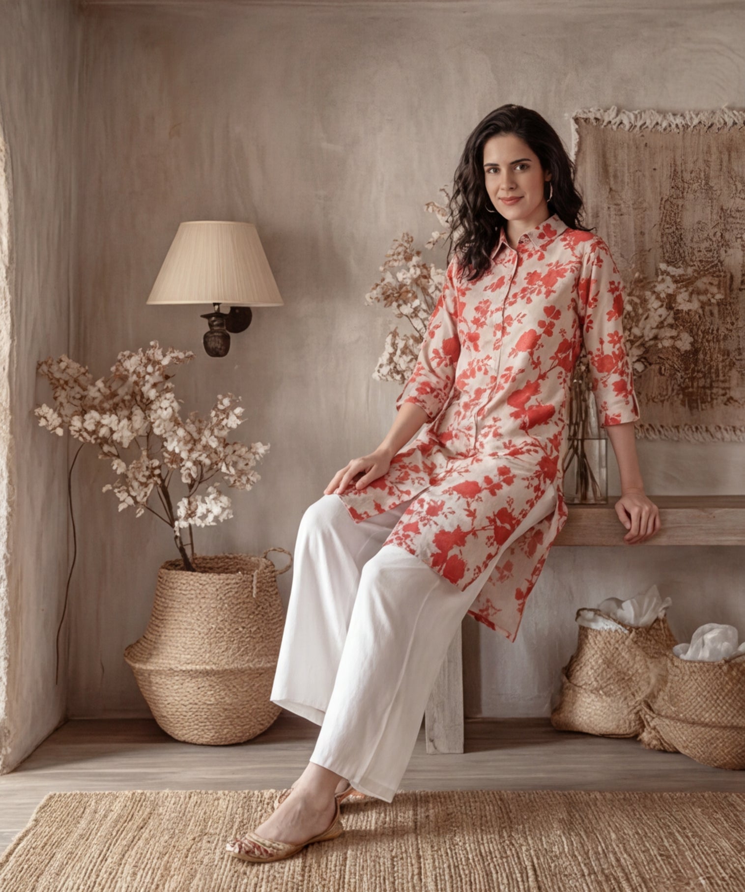 Floral Beige Collared Kurta