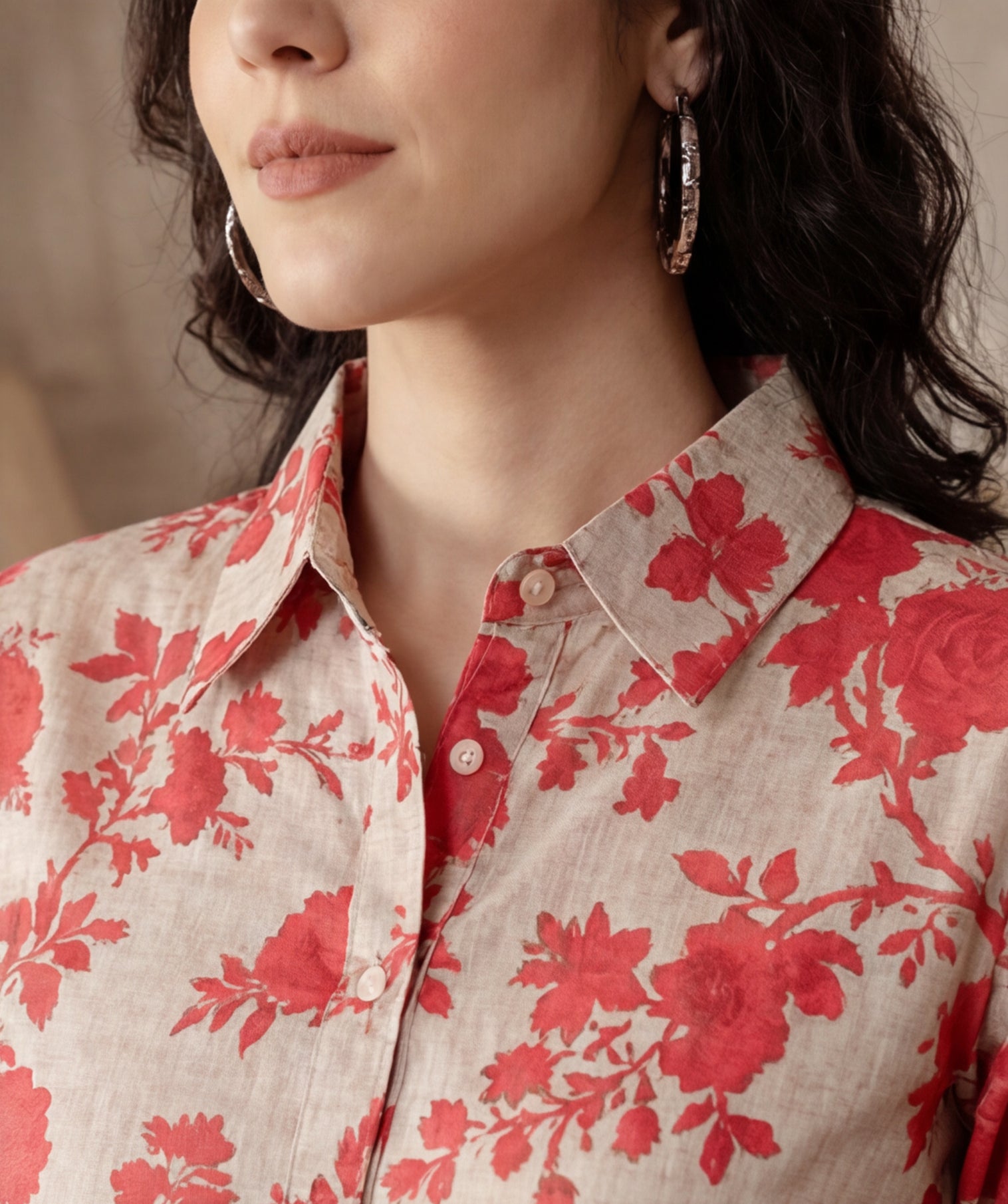 Floral Beige Collared Kurta