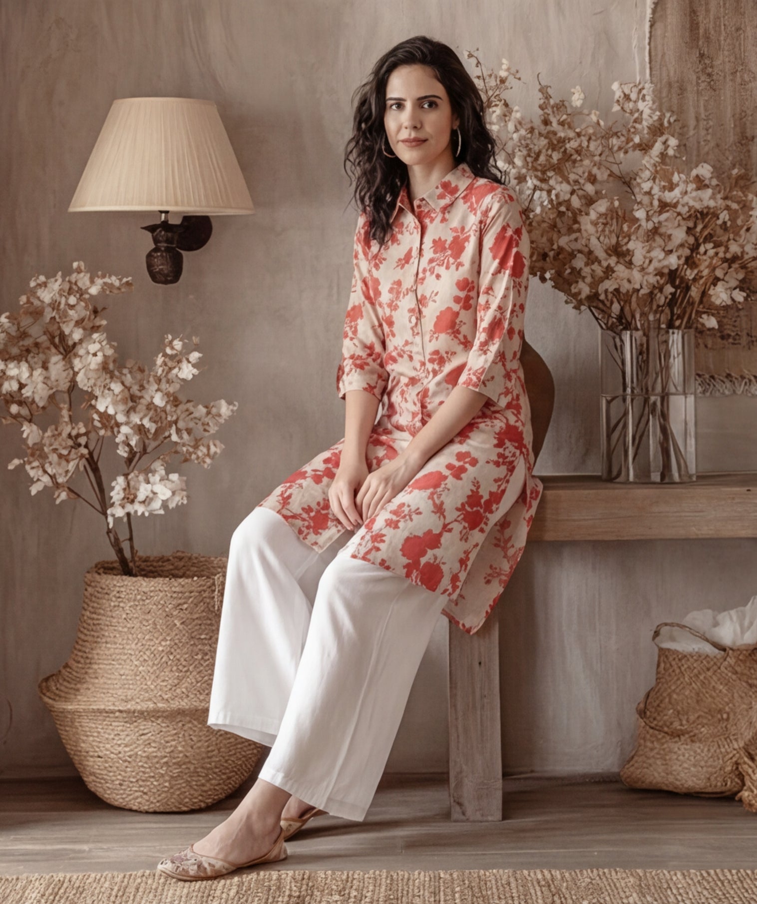 Floral Beige Collared Kurta