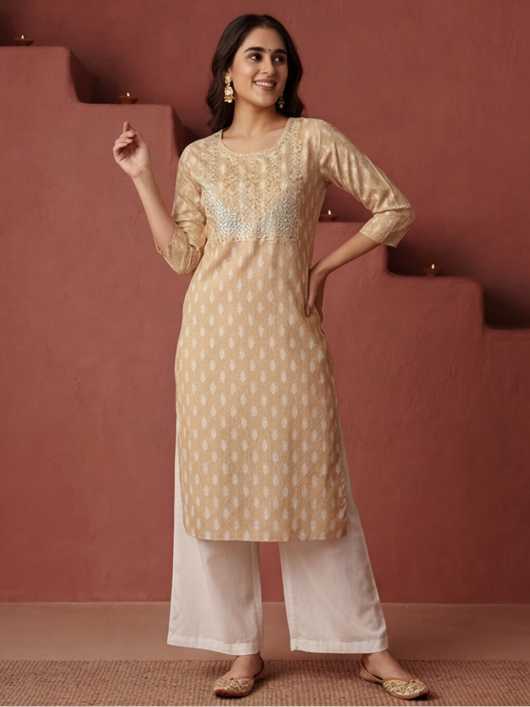 Beige Ethnic Motif Printed Embroidered Straight Kurta