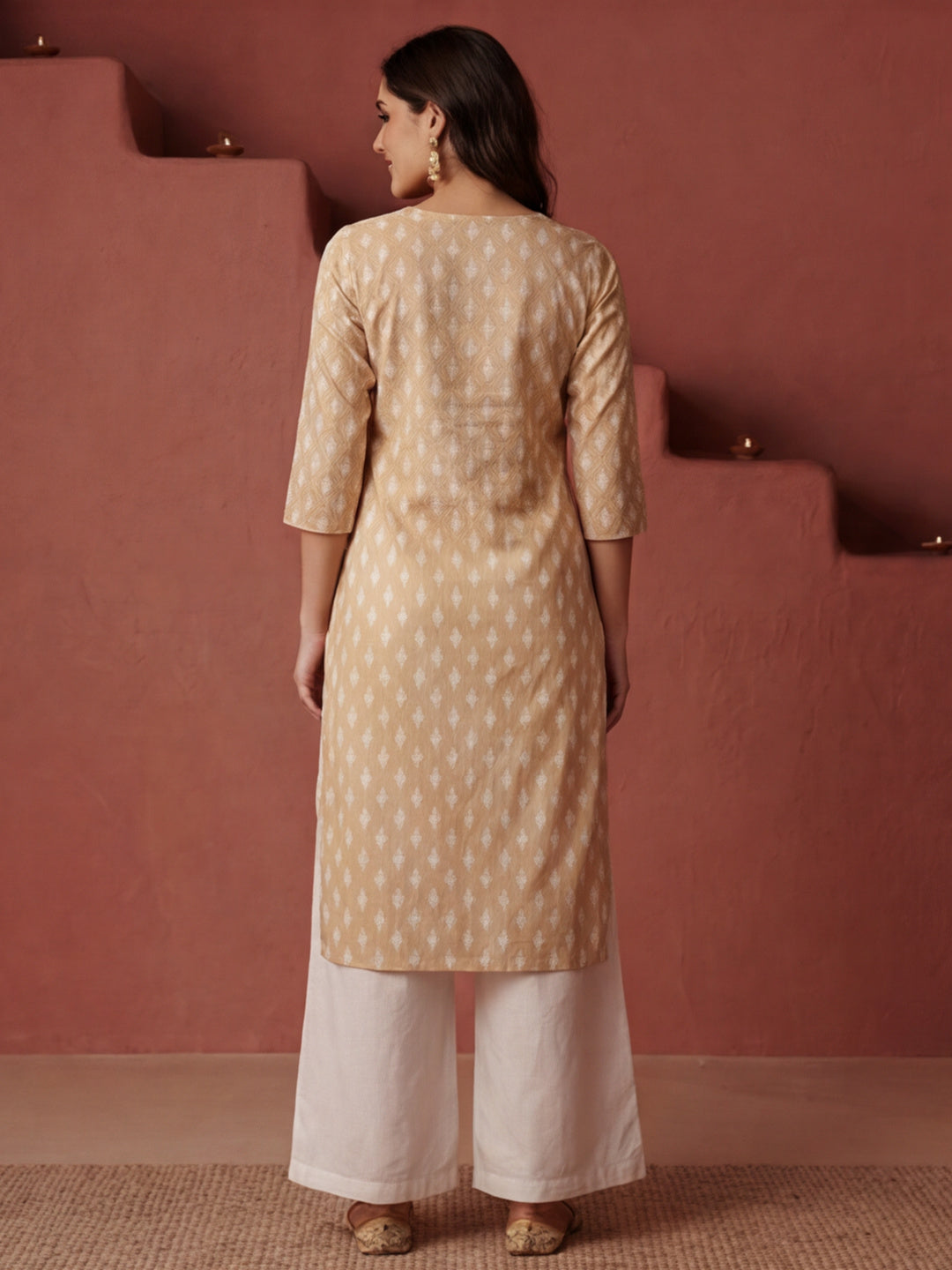 Beige Ethnic Motif Printed Embroidered Straight Kurta