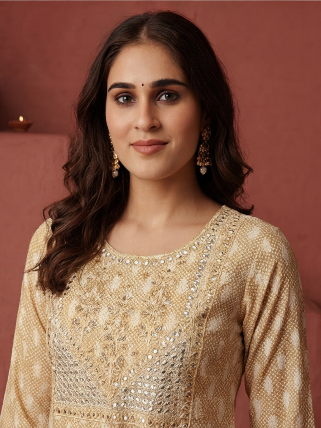 Beige Ethnic Motif Printed Embroidered Straight Kurta